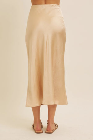 Satin Bias Cut Maxi Skirt in Birch Beige