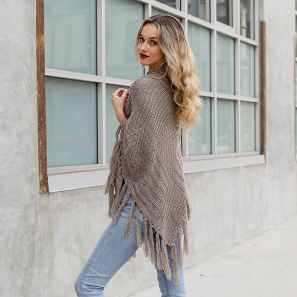 Turtleneck Cable Knit Poncho With Tassels: Mocha