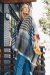 Light Multicolor Plaid Colorblock Poncho with Fringe Trim