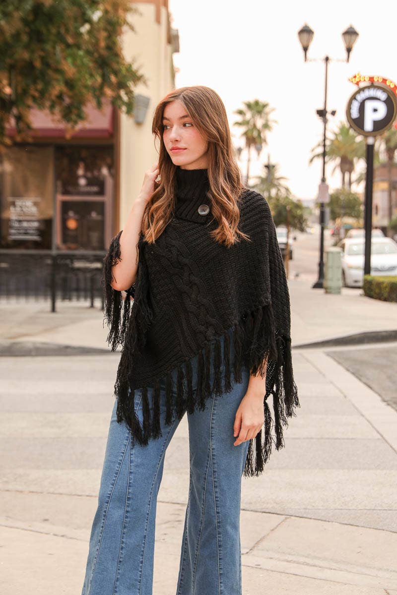 Turtleneck Cable Knit Poncho With Tassels: Black