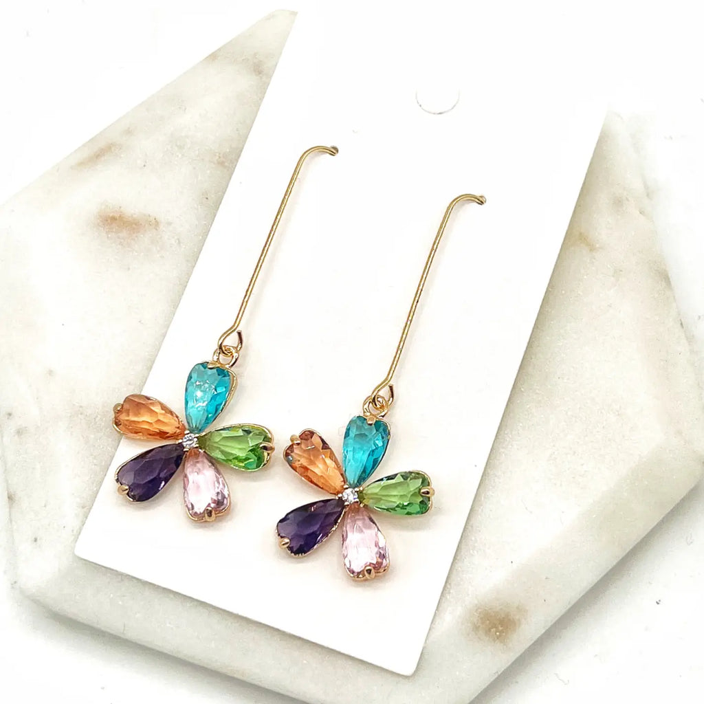 Multi Color Flower Long Drop Crystal Earrings