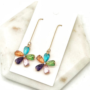 Multi Color Flower Long Drop Crystal Earrings