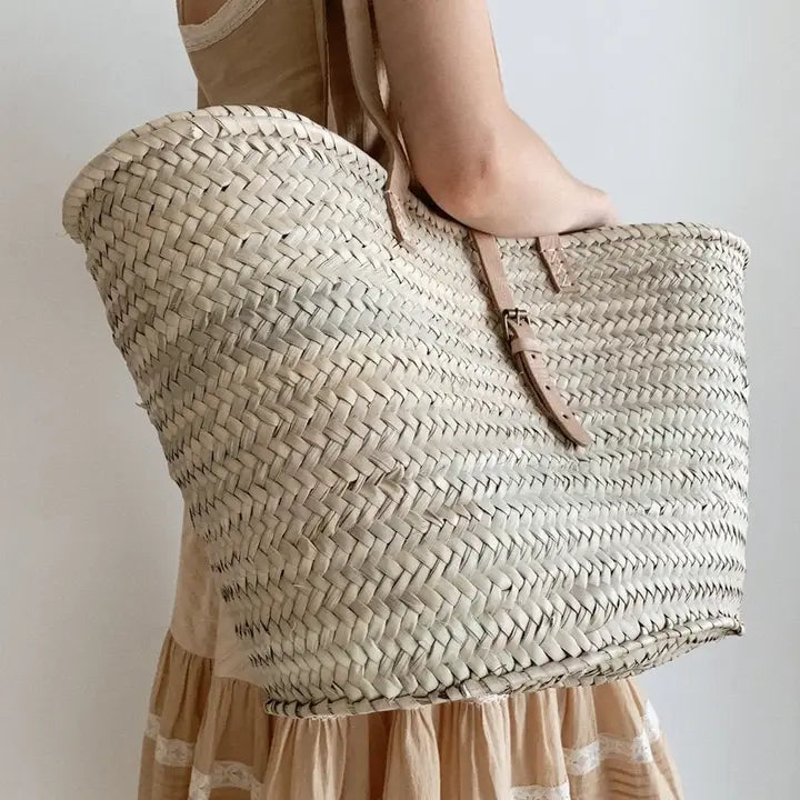 Handmade Moroccan Straw Basket Bag with Leather Straps