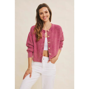 Andrea Mineral Washed Cotton Cable Knit Sweater Cardigan in Fuchsia