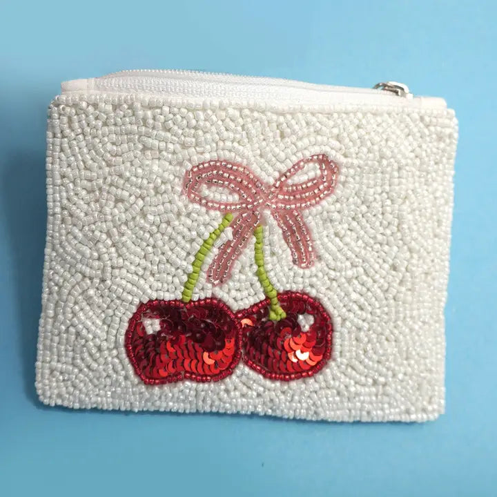 Cherry Bow Seed Bead Coin Purse