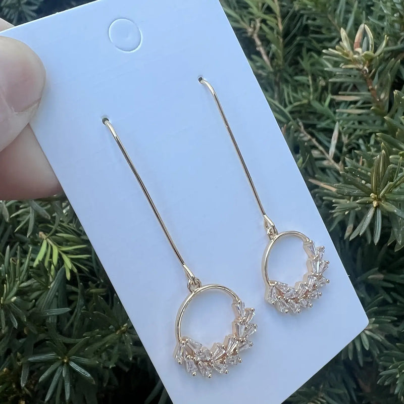 Gold CZ Wreath Dangle Metal Earrings - Handmade