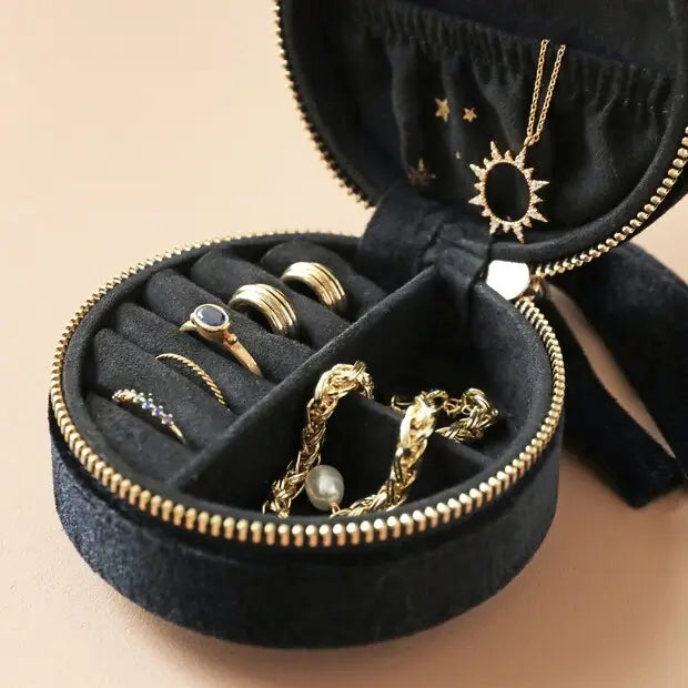 Starry Night Velvet Mini Round Jewelry Case in Black