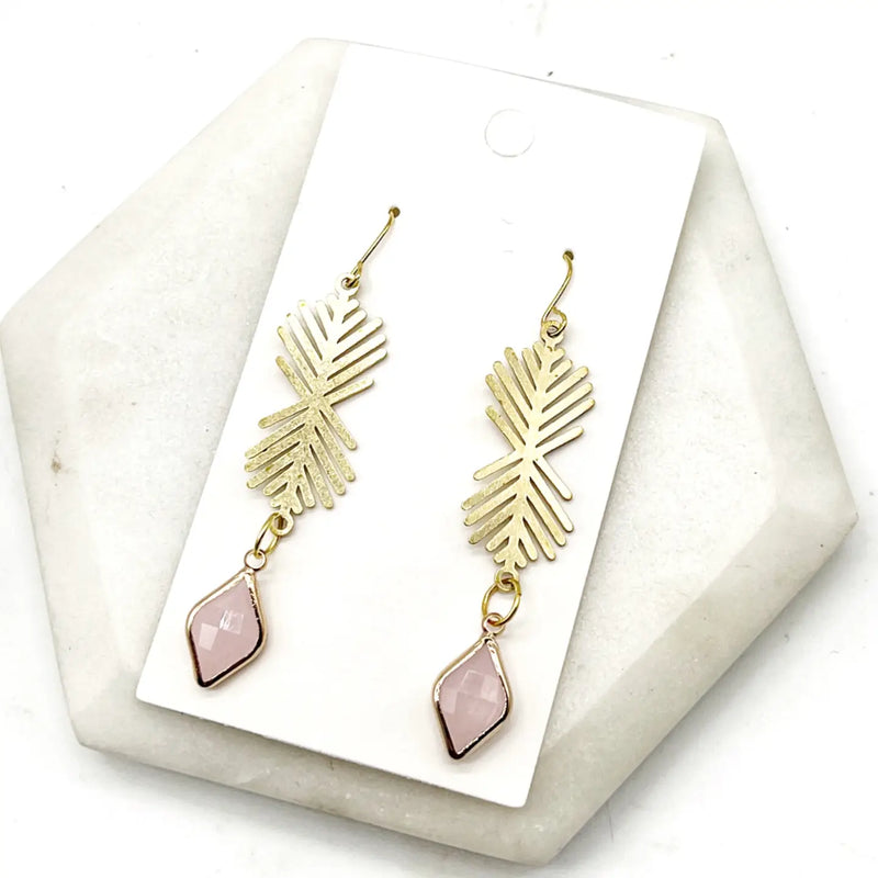 Gold Vine Pink Gem Metal Stone Earrings - Handmade