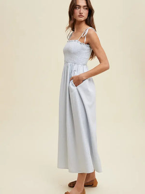 Donna Striped Self Tie Shoulder Straps Maxi Dress