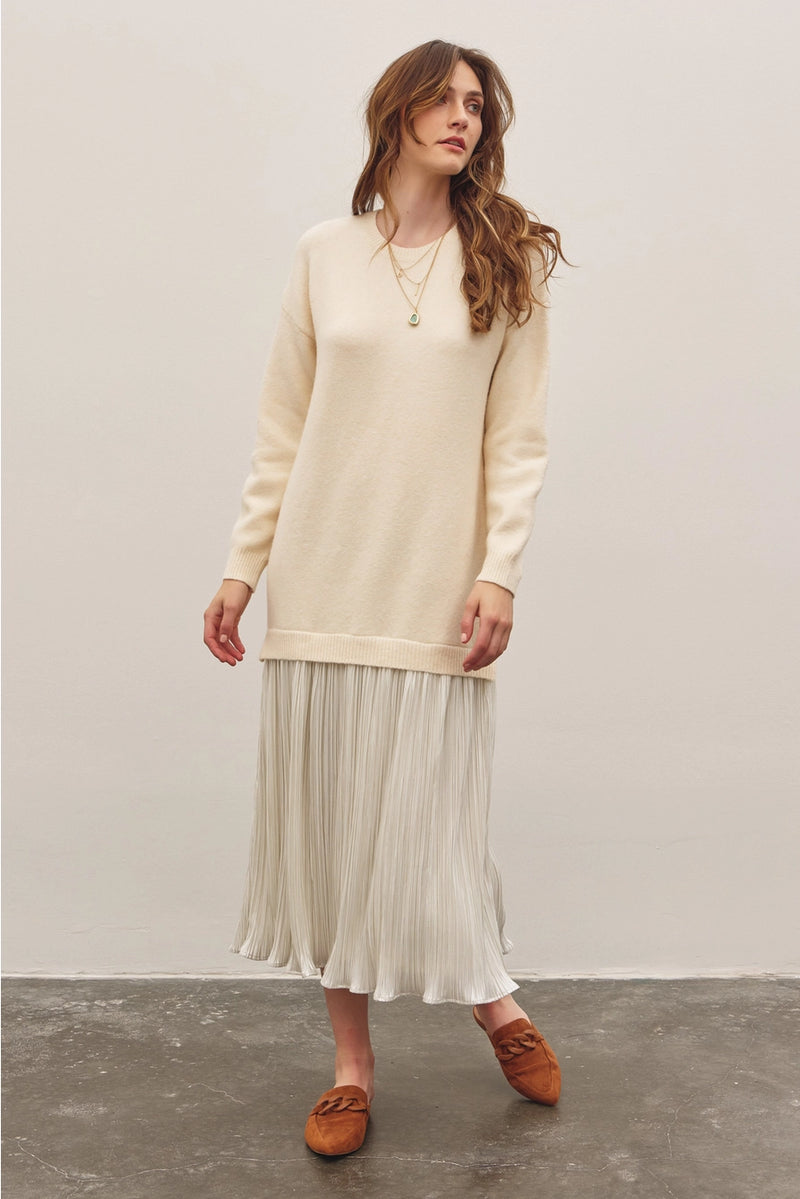 Metallic Pleated Skirt Twofer Sweater Midi Dress