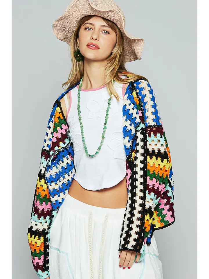 Jenna Crochet Weave Open Front Cardigan by POL