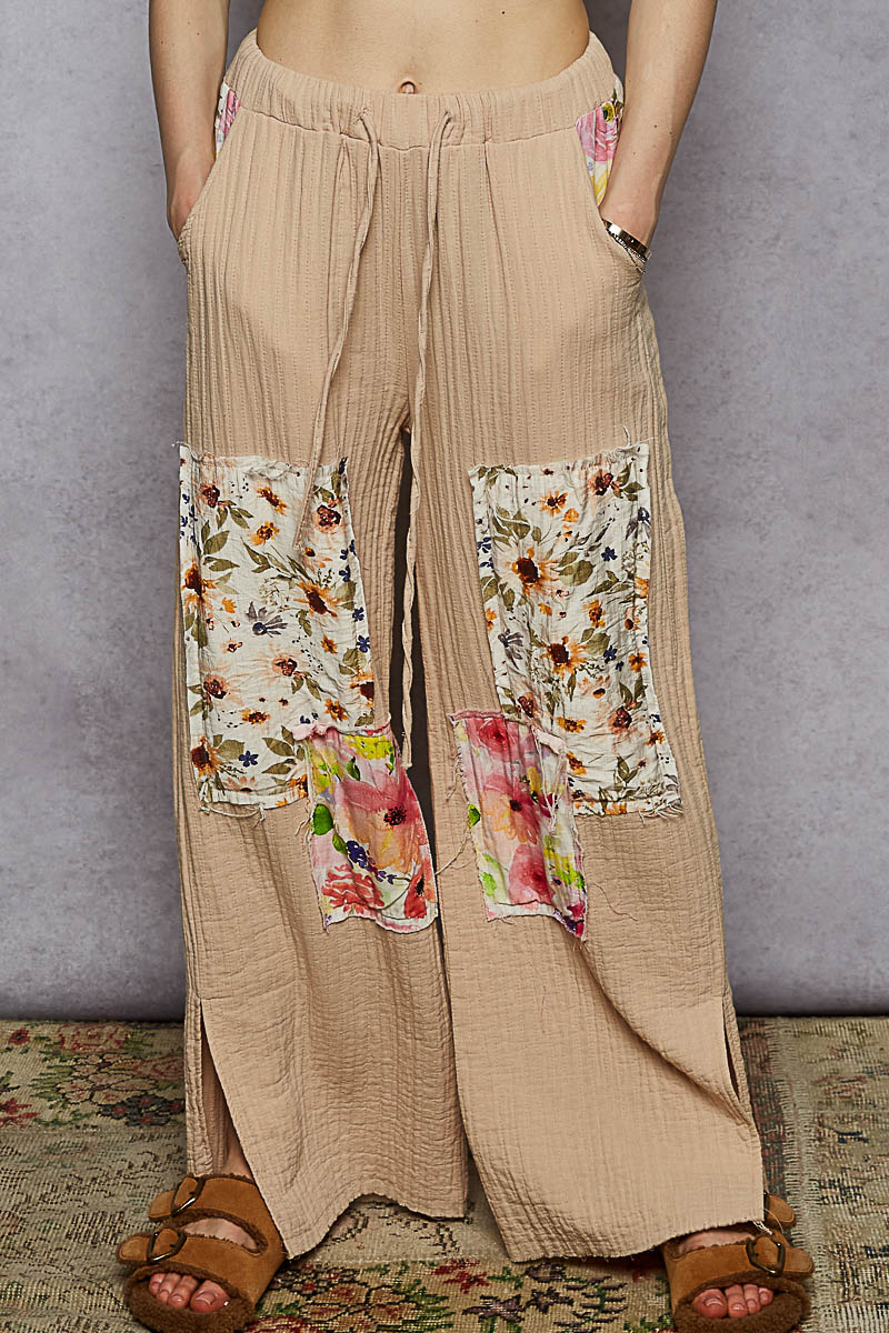 Double Gauze Contrast Floral Knee Patch Pants by POL
