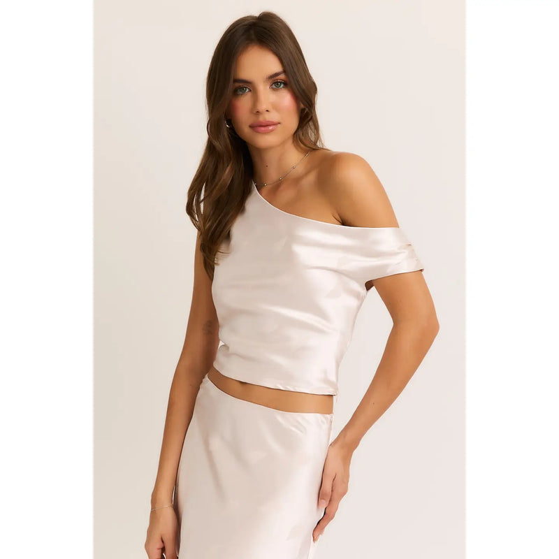 Corinne Cream Heart Asymmetrical Neck Line Top and Maxi Skirt Set