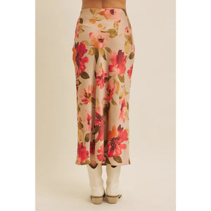 Satin Bias Cut Maxi Skirt in Taupe Floral