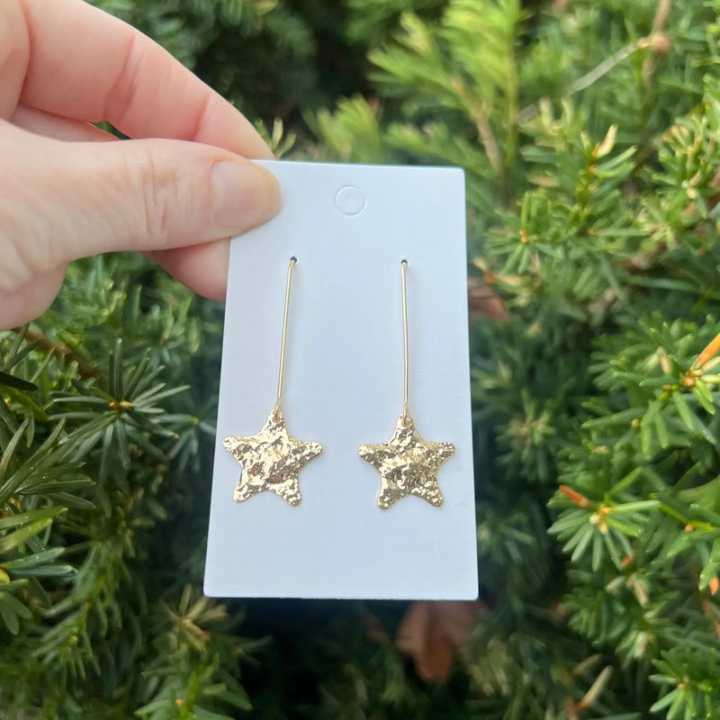 Gold Star Hammered Metal Long Drop Earrings