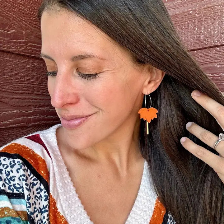 Rust Lotus Flower and Gold Stick Hoop Earrings