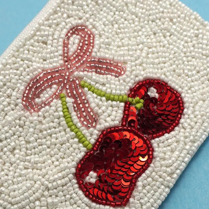 Cherry Bow Seed Bead Coin Purse