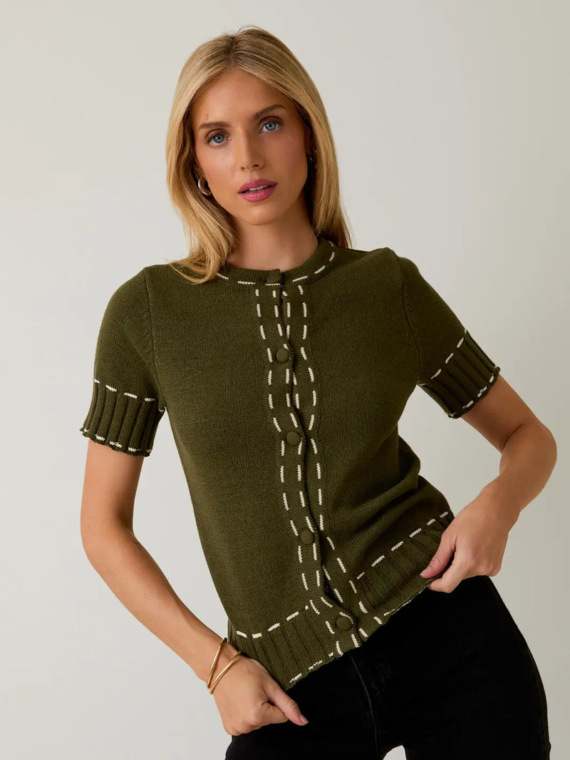 Katrina Stitch Detail Sweater Cardigan in Olive