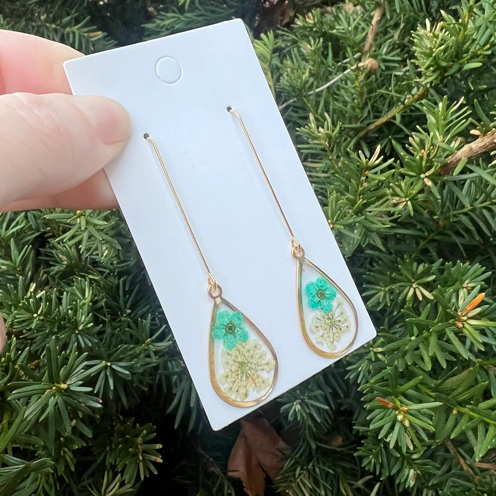 Blue Cream Pressed Flower Teardrop Resin Dangle Earrings