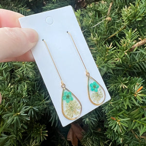 Blue Cream Pressed Flower Teardrop Resin Dangle Earrings