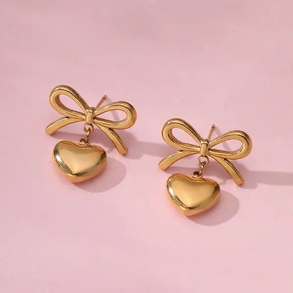 Bow Heart Earrings With Anti-Tarnish 18k Plated