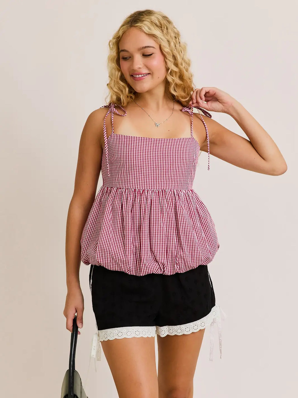 Shayla Shoulder Tie Bubble Hem Top in Red-White Gingham