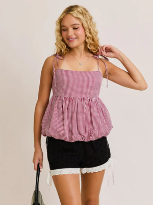 Shayla Shoulder Tie Bubble Hem Top in Red-White Gingham