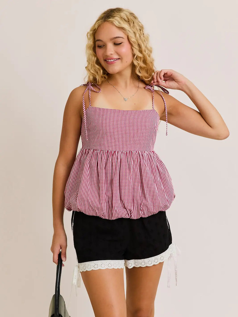 Shayla Shoulder Tie Bubble Hem Top in Red-White Gingham