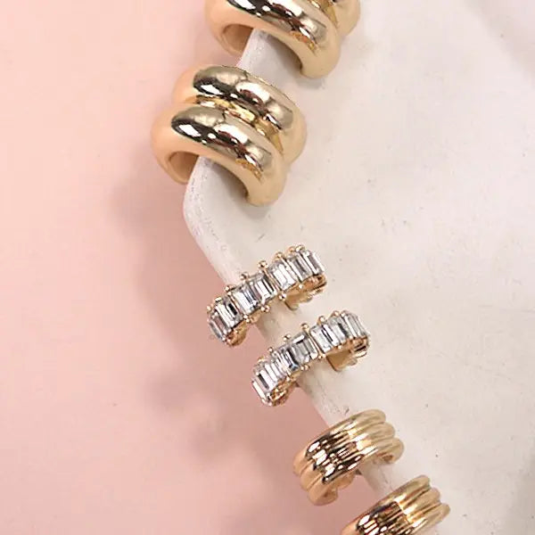 Baguette Stone Double Hoop Huggie Trio Earrings