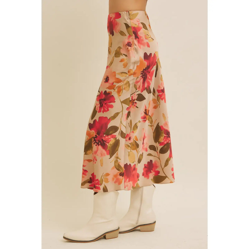 Satin Bias Cut Maxi Skirt in Taupe Floral