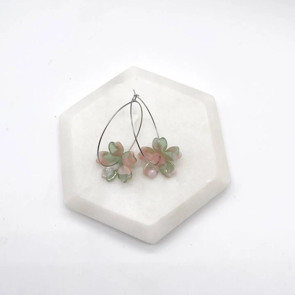 Pink Green Blossom Hoop Earrings