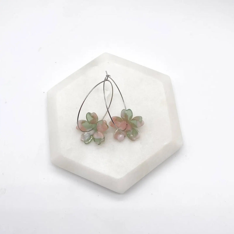 Pink Green Blossom Hoop Earrings
