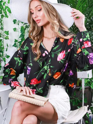 Gracie Floral Satin Button Up Blouse