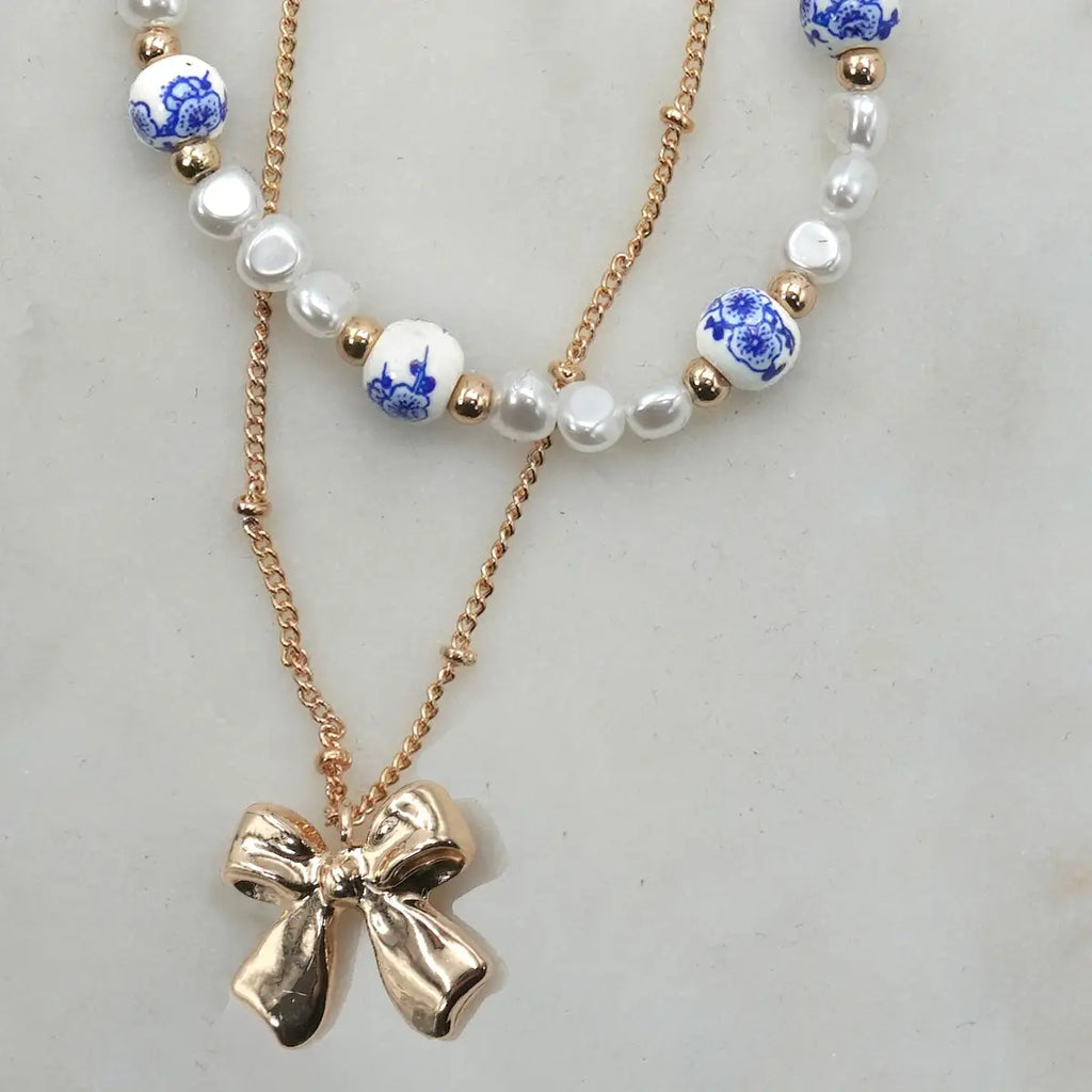 Ceramic Porcelain Pearl Bow Layer Necklace