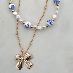 Ceramic Porcelain Pearl Bow Layer Necklace