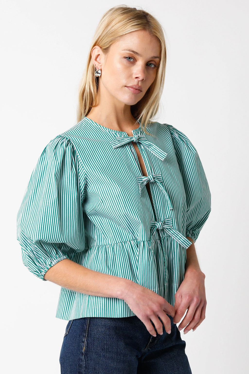 Melanie Bow Top in Green and White Stripe by Olivaceous