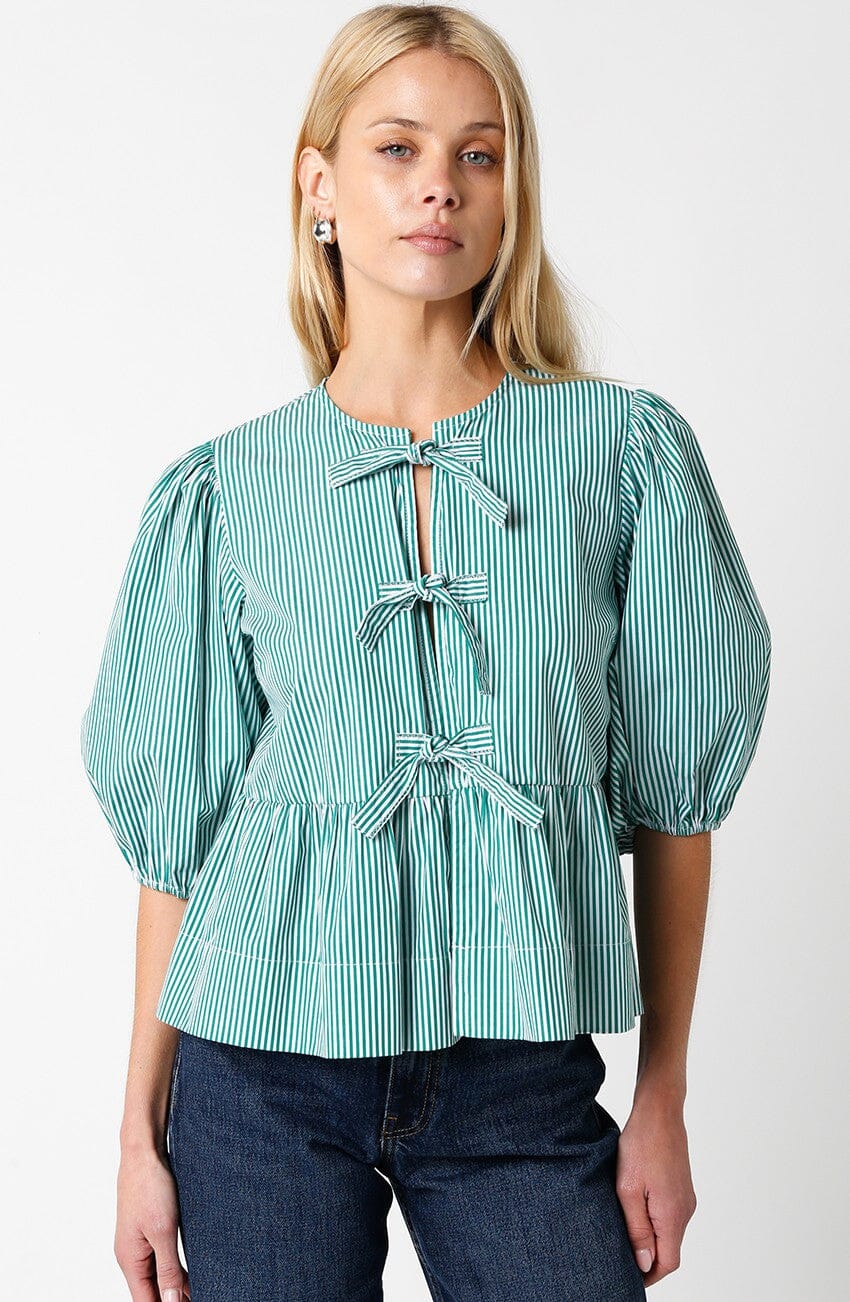 Melanie Bow Top in Green and White Stripe by Olivaceous