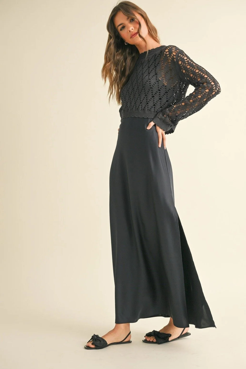 Satin Slip Dress With Crochet Knit Sweater by Miou Muse