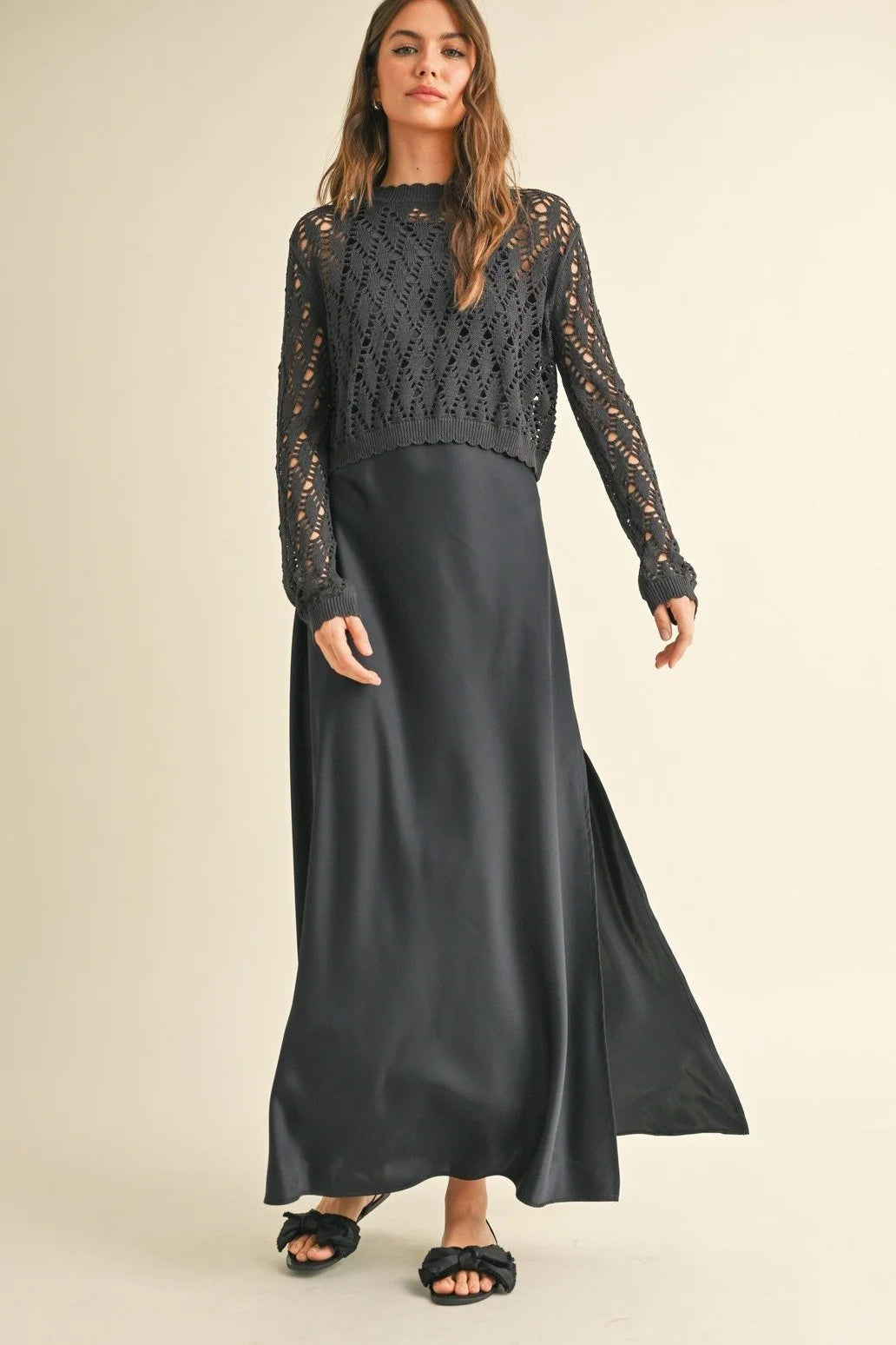 knee length dresses for ladies Satin Slip Dress with Crochet Knit Sweater by Miou Muse Small