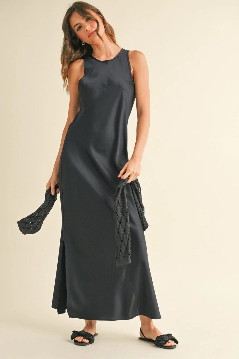 Satin Slip Dress With Crochet Knit Sweater by Miou Muse