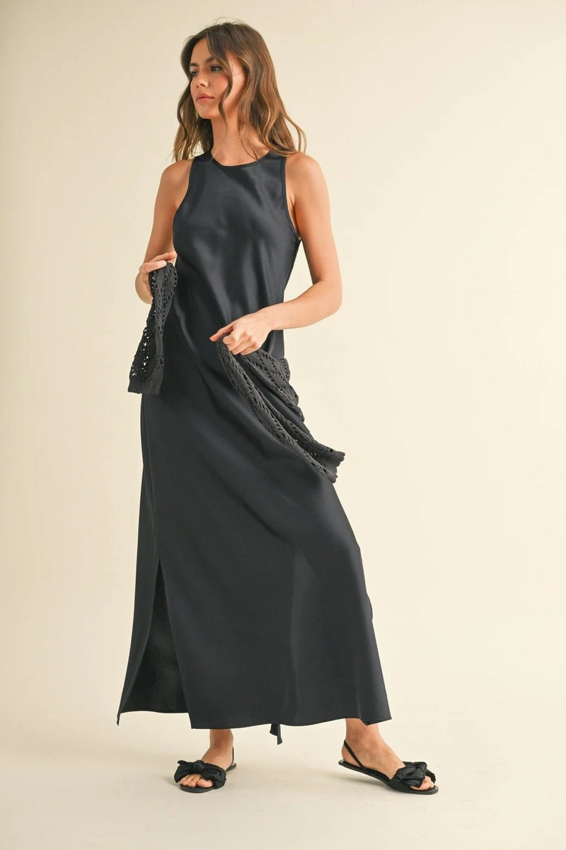 Satin Slip Dress With Crochet Knit Sweater by Miou Muse