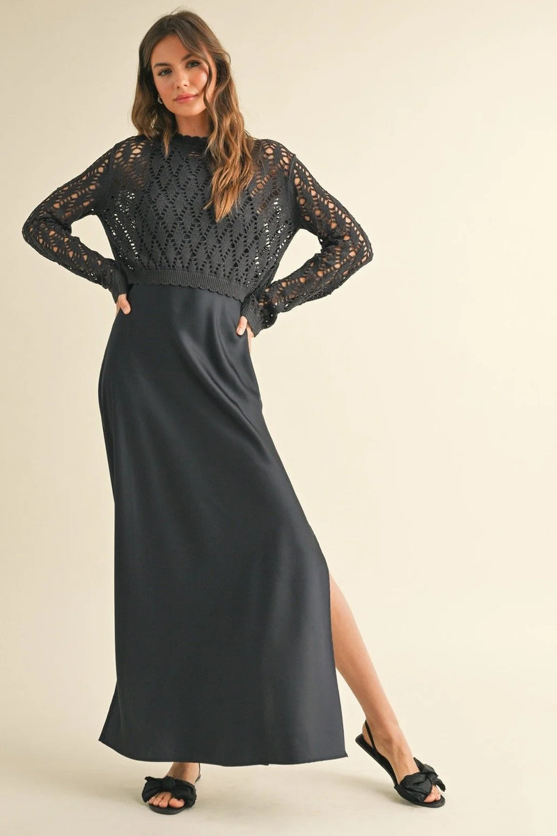 Satin Slip Dress With Crochet Knit Sweater by Miou Muse Small Satin Slip Dress With Crochet Knit Sweater by Miou Muse Small