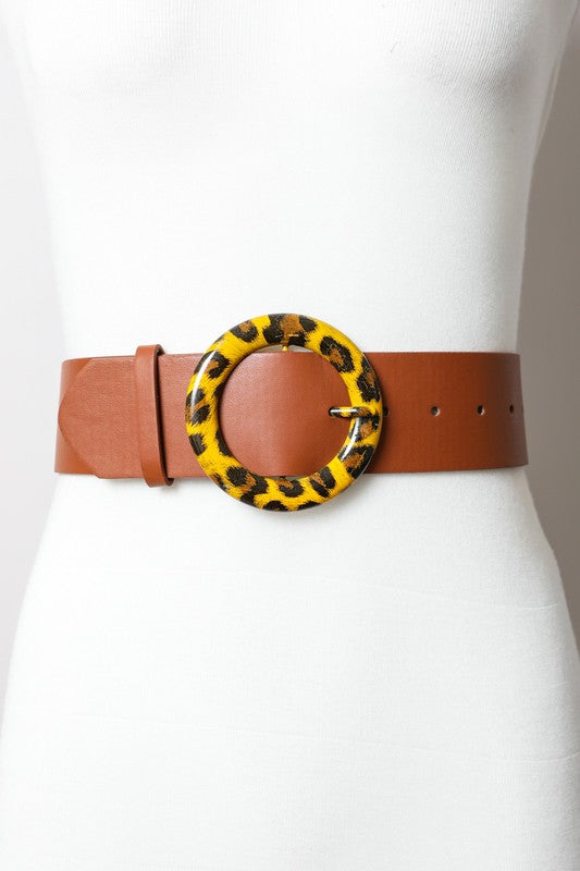 Wide Leopard Ring Buckle Belt in Black or Camel
