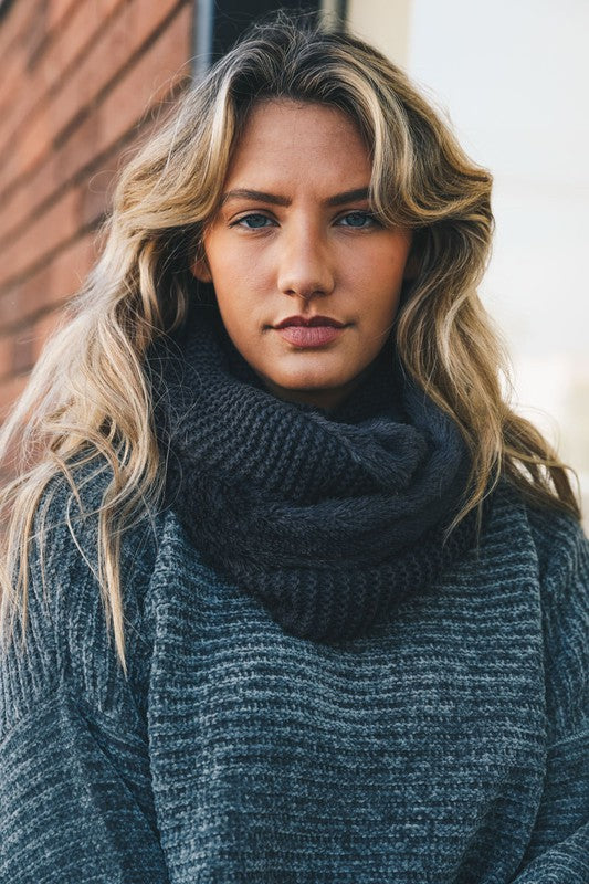 Faux Sherpa and Knit Infinity Scarf in Black