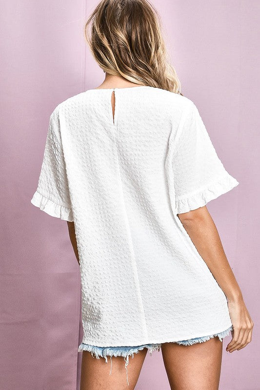 Melinda Seersucker Woven Top With Lace Neck Trim in White