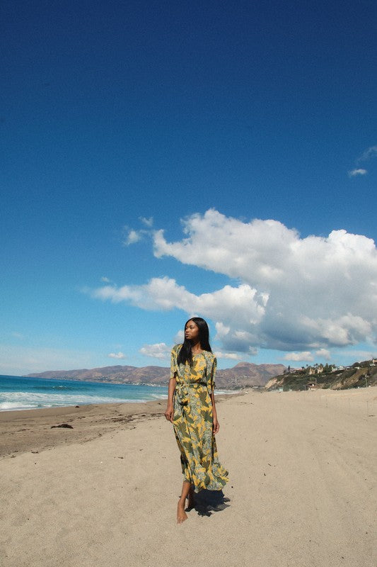 Bianca Yellow Palm Belted Maxi Dress by Olivaceous Small Bianca Yellow Palm Belted Maxi Dress by Olivaceous Small