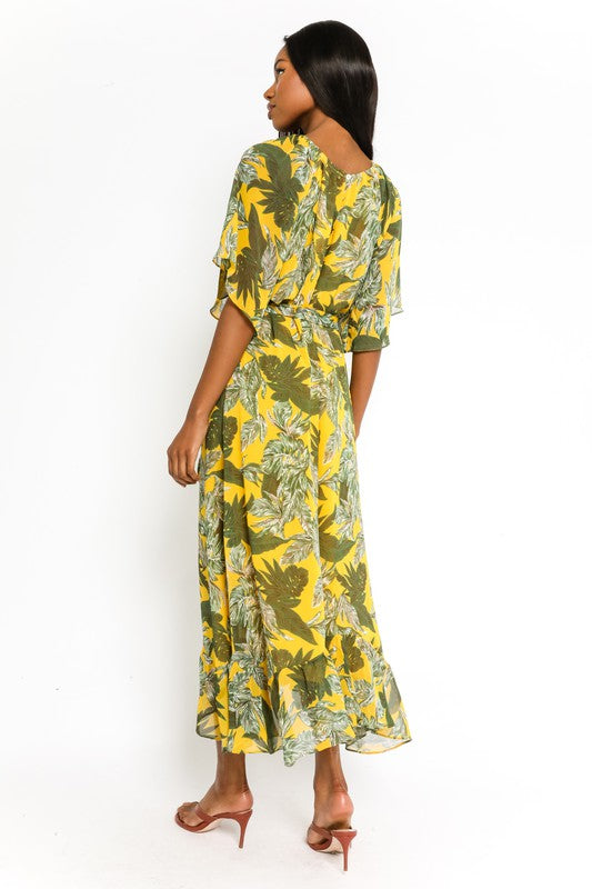 Bianca Yellow Palm Belted Maxi Dress by Olivaceous