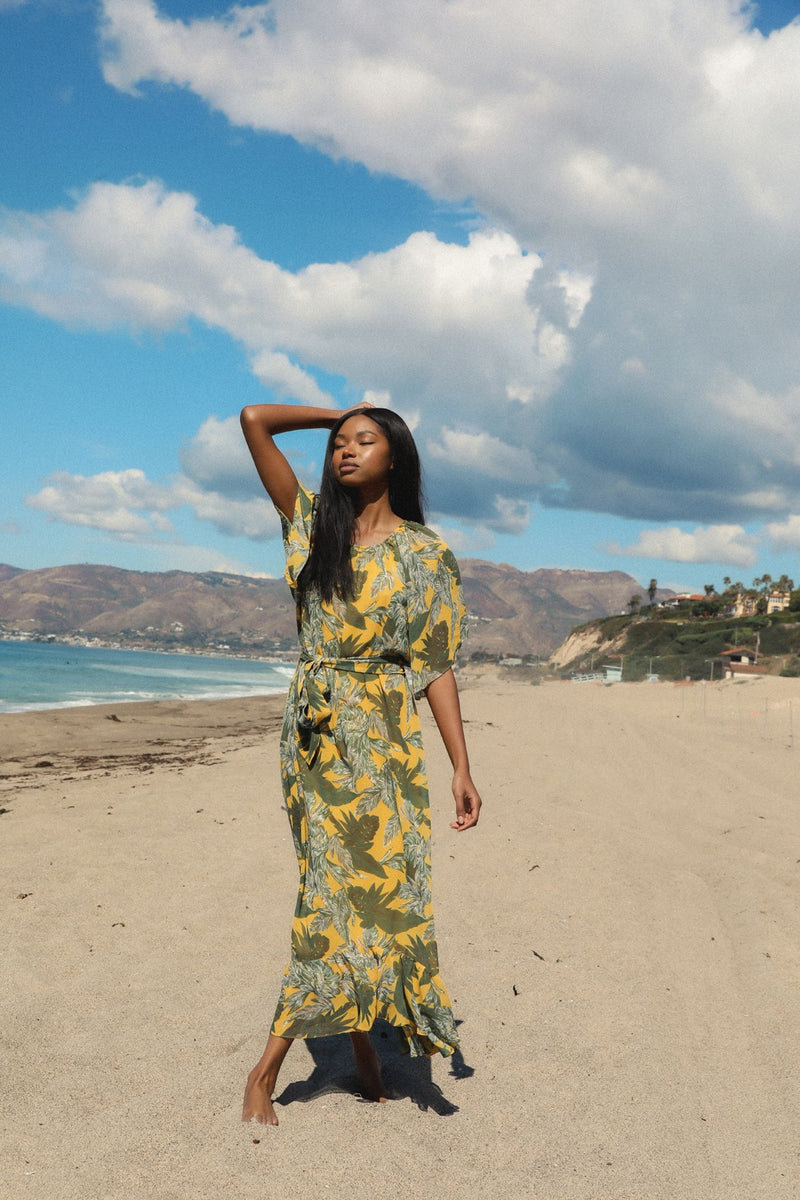 Bianca Yellow Palm Belted Maxi Dress by Olivaceous Polka Dots Boutique Bianca Yellow Palm Belted Maxi Dress by Olivaceous Polka Dots Boutique