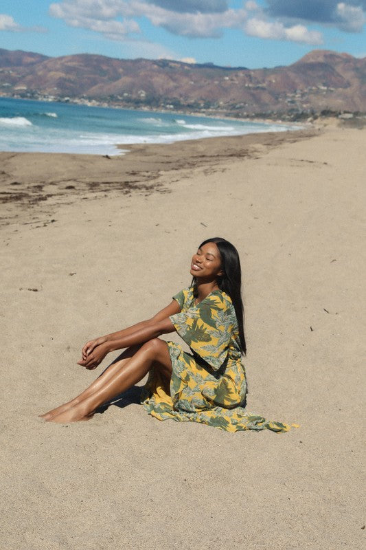 Bianca Yellow Palm Belted Maxi Dress by Olivaceous Small Bianca Yellow Palm Belted Maxi Dress by Olivaceous Small