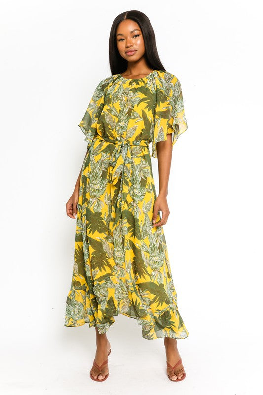 Bianca Yellow Palm Belted Maxi Dress by Olivaceous